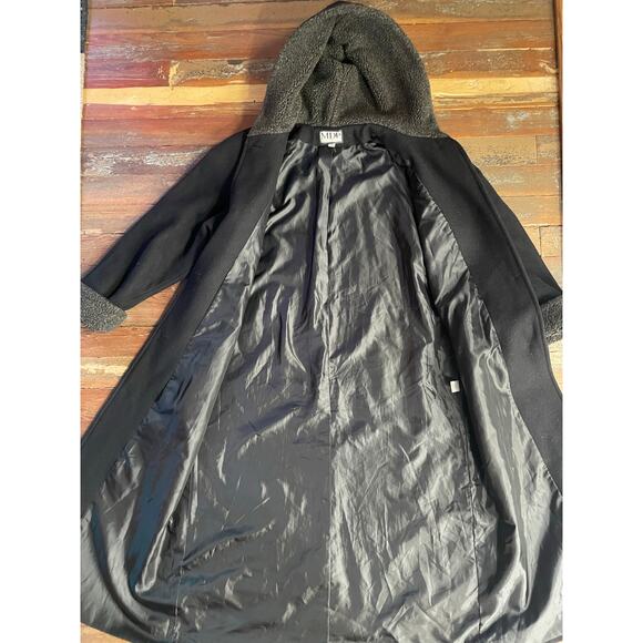 MDP Mario De Pinto Long Wool Maxi Coat Hooded Black USA Made Faux Fur Trim - Picture 10 of 12
